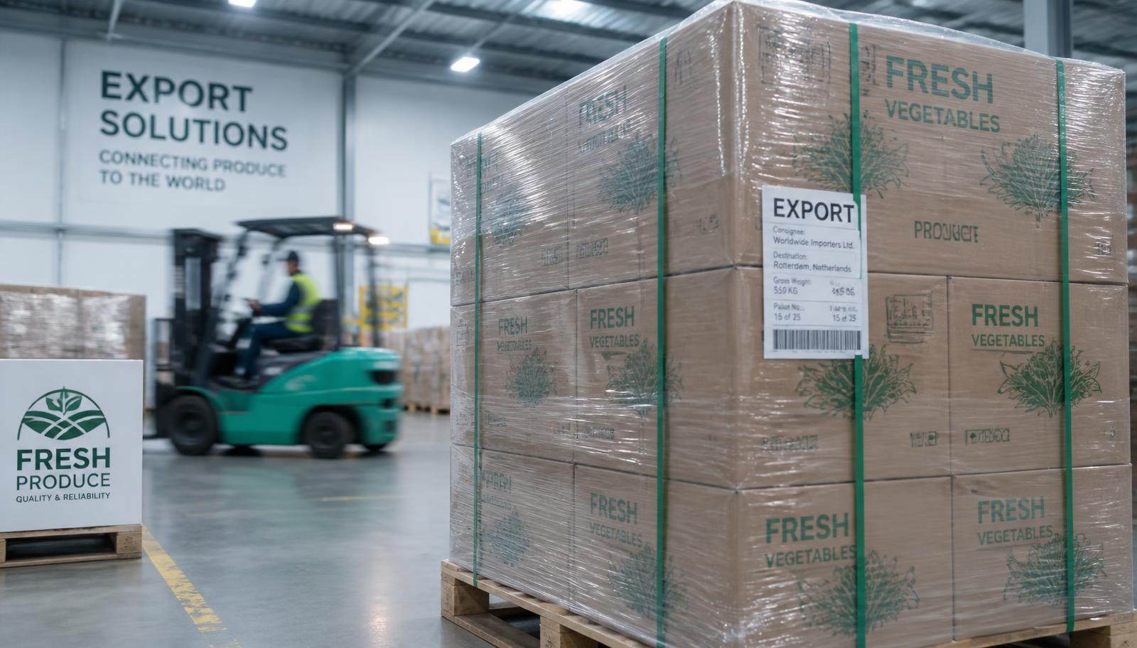 Palletised cartons of fresh produce wrapped for international freight