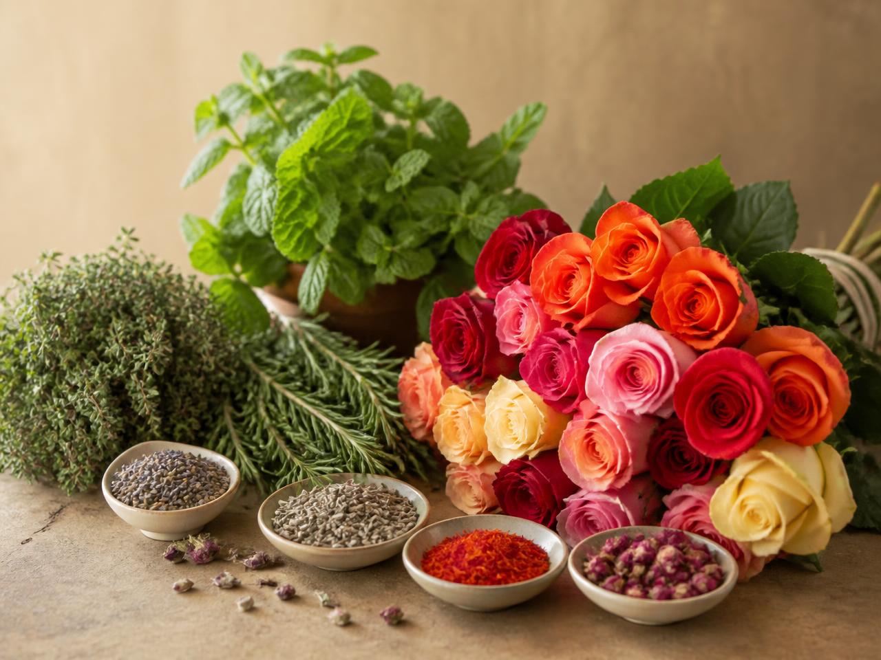 Fresh herbs, dried spices and cut roses prepared for horticultural export